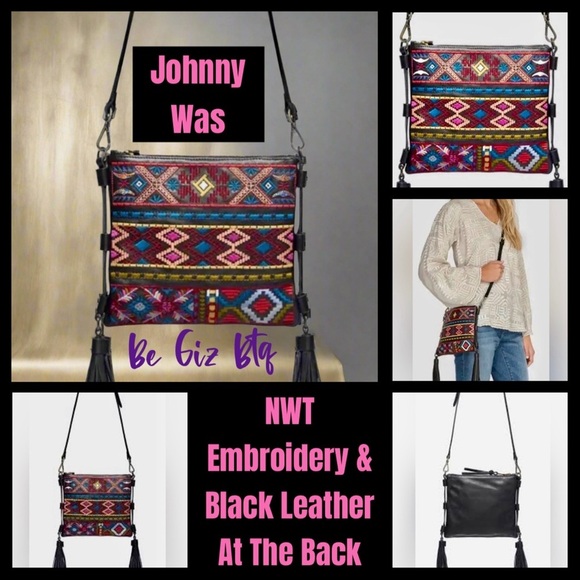 🔥🔥 NWT JOHNNY WAS Zipped Crossbody Black Leather Embroidery Tassel Bag